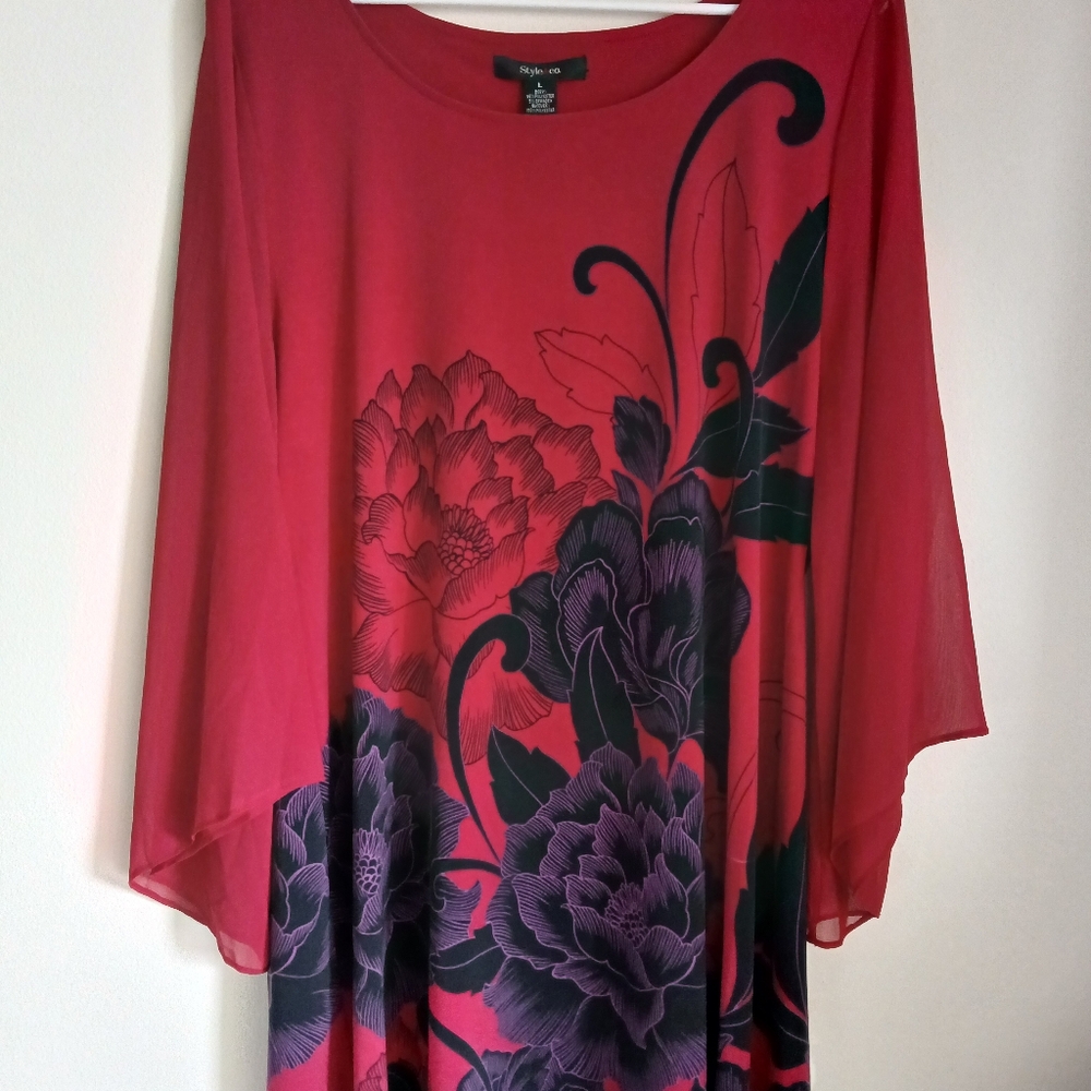Style & Co Red/Black Floral Tunic Size Large - Picture 2 of 11